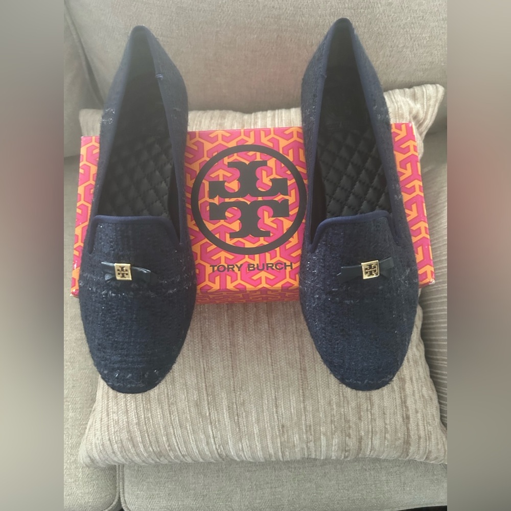 Tory Burch Chandra Loafer/ Fabric Glazed Tweed Flats with Gold Logo